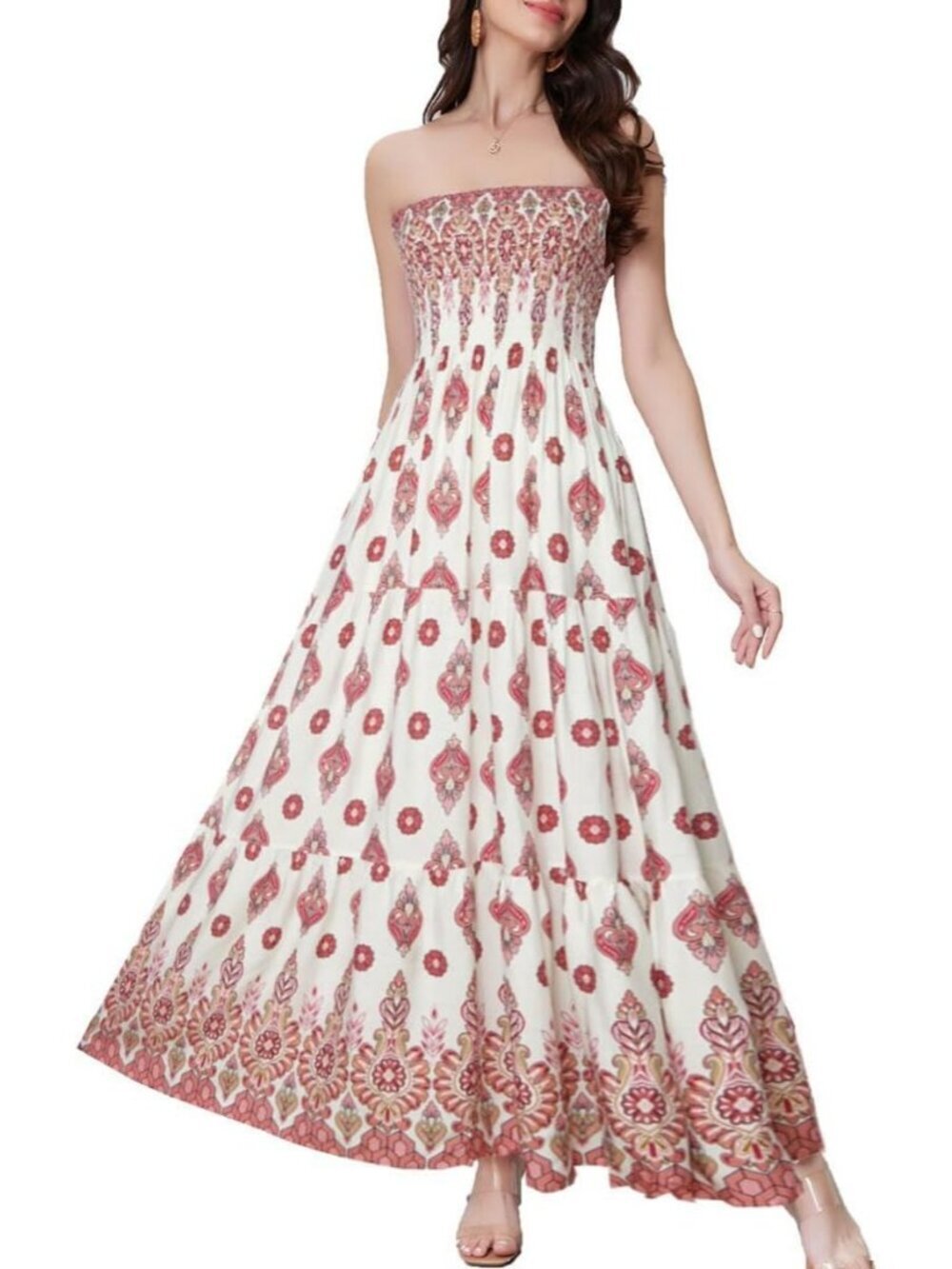 Women's Red Retro Pattern Tube Top Off Shoulder Boho Beach Long Maxi Dress
